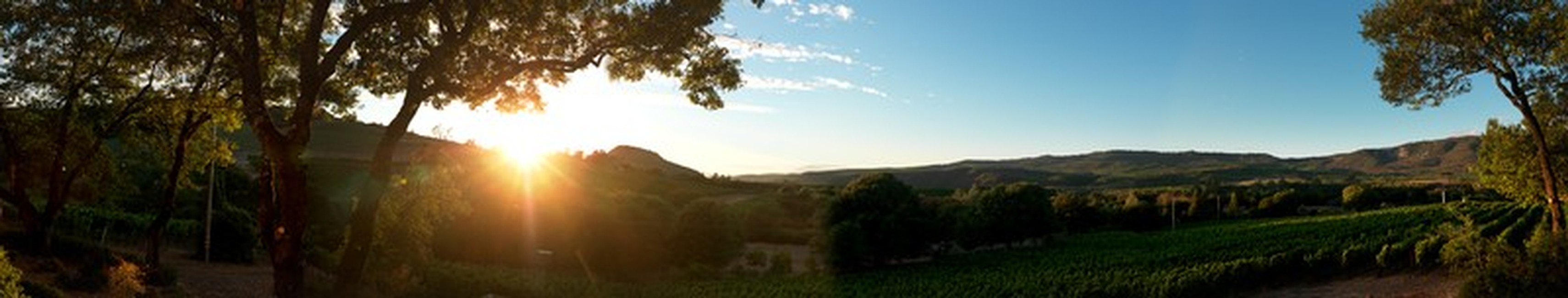 A panoramic view of our beautiful property on a clear day with blue skies as the sun sets in the background..